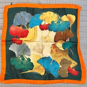 Vibrant Ginkgo Leaf Silk Scarf - Orange Border
